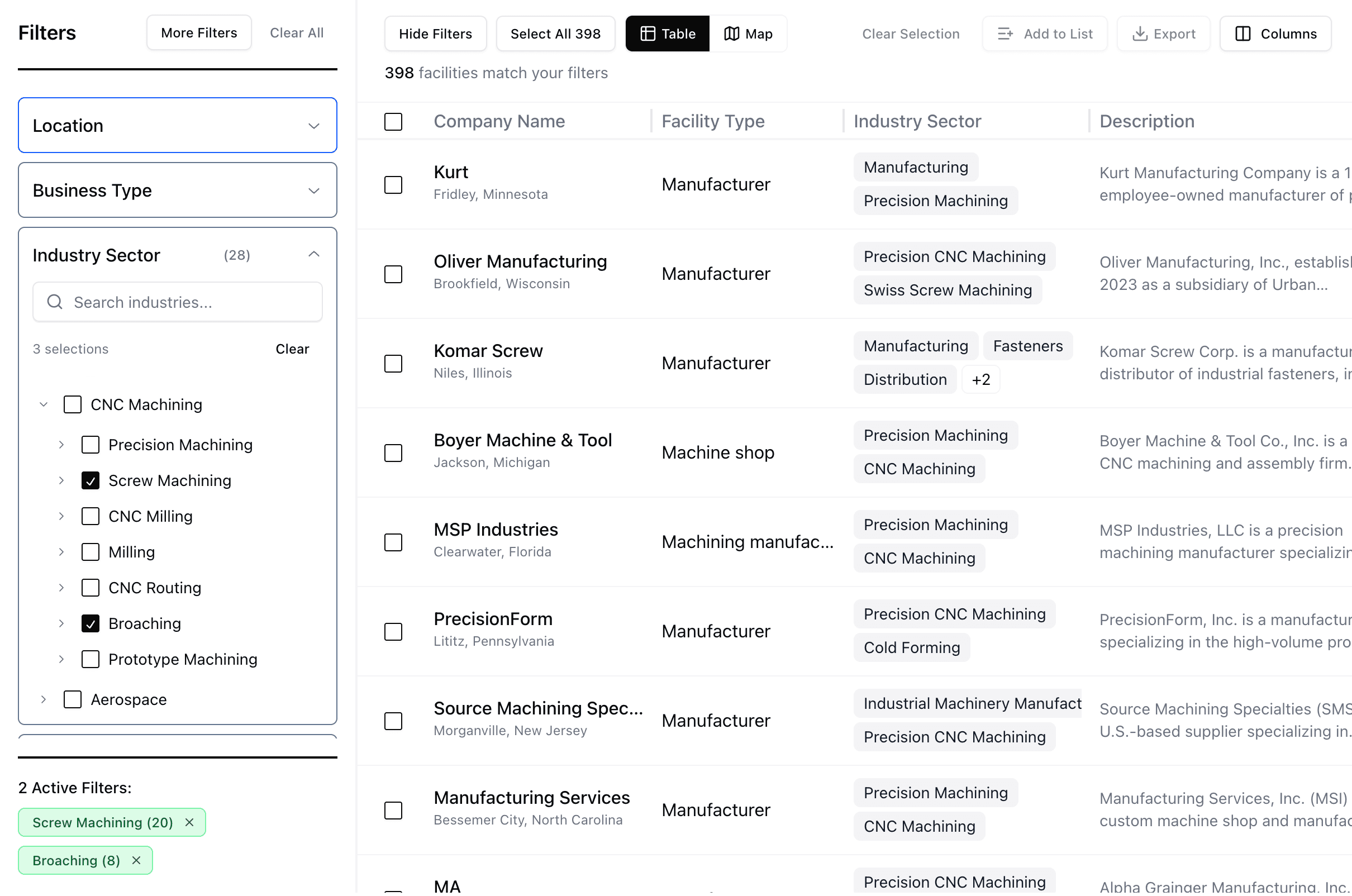 Facility search interface with filters and company results