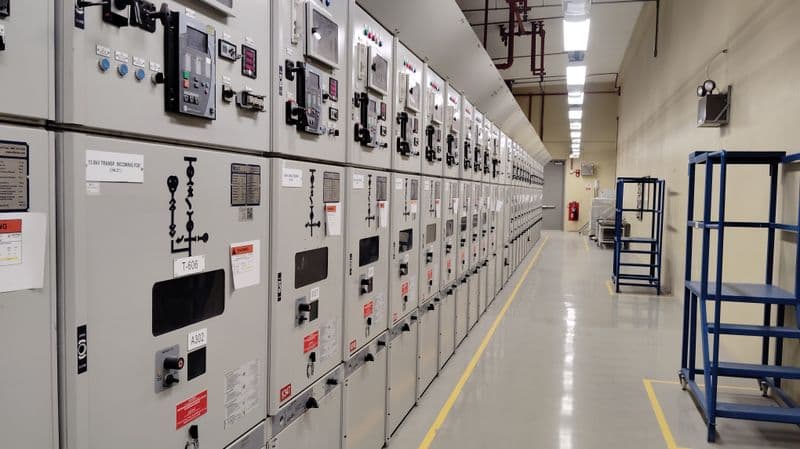 Row of electrical control panels in a plant control room
